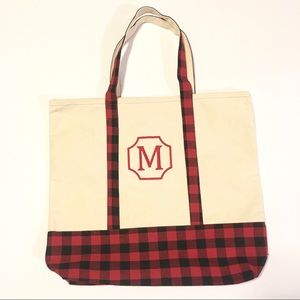 Cream Canvas and Red Buffalo Plaid ‘M’ Tote